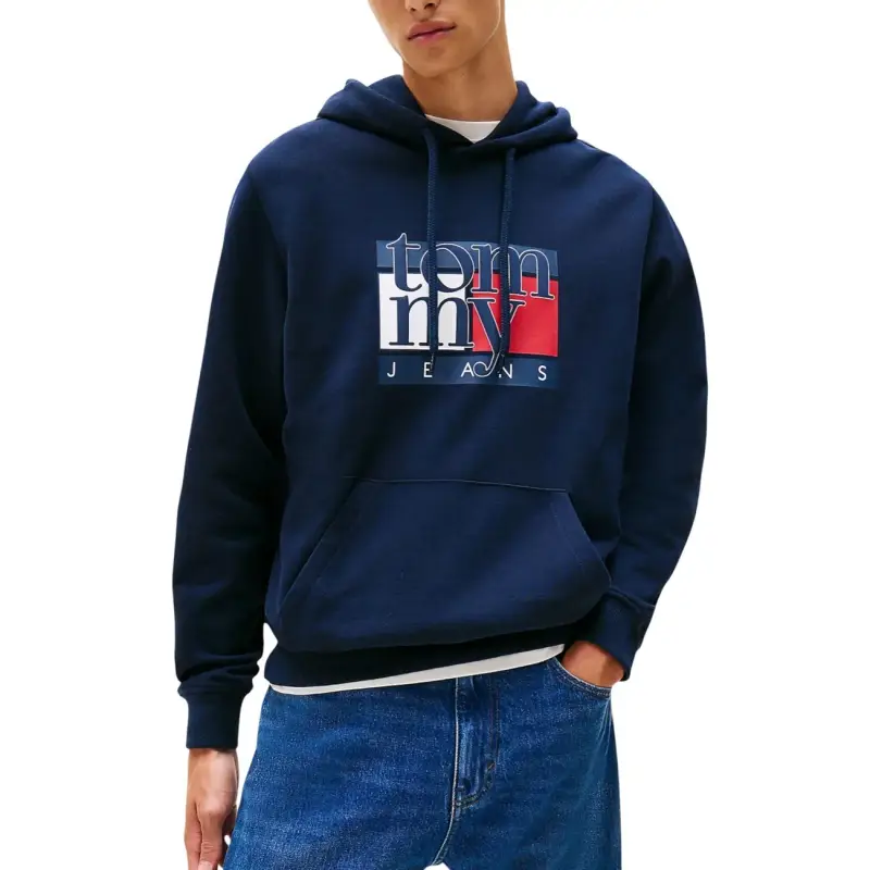 Felpa Tommy Hilfiger Jeans Uomo Nera con Cappuccio e Stampa - blue / S