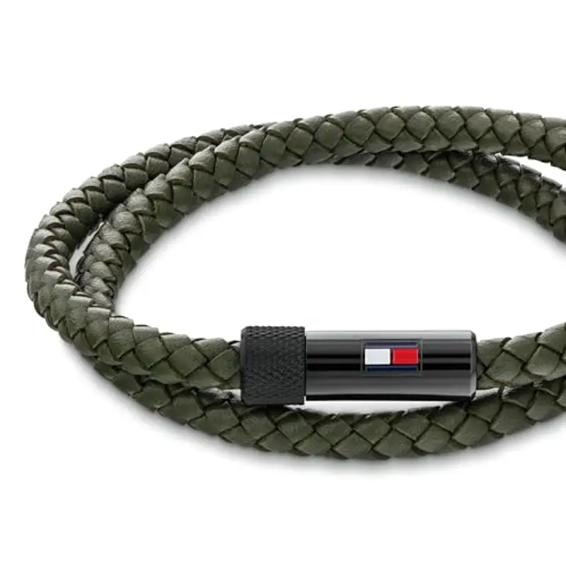 Tommy Hilfiger Jewelry Braccialetto da Uomo con Pelle Intrecciata Verde a Doppio Giro miniatura 2