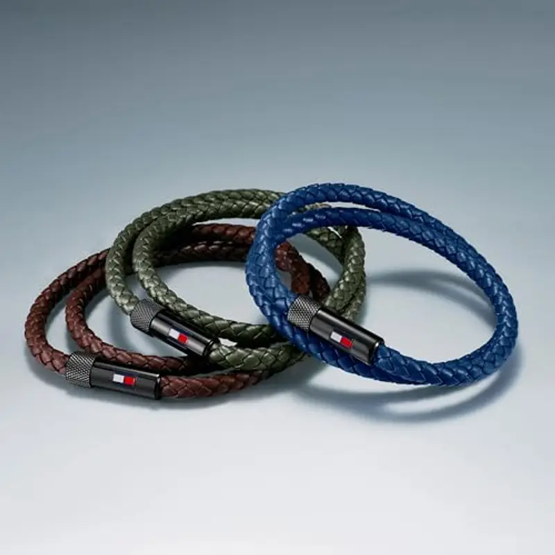 Tommy Hilfiger Jewelry Braccialetto da Uomo con Pelle Intrecciata Verde a Doppio Giro miniatura 3