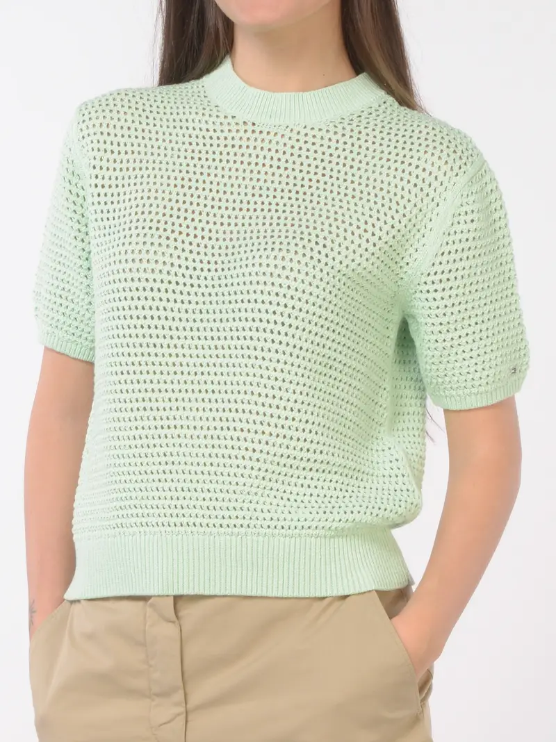 maglia da donna Tommy Hilfiger traforata a manica corta Verde