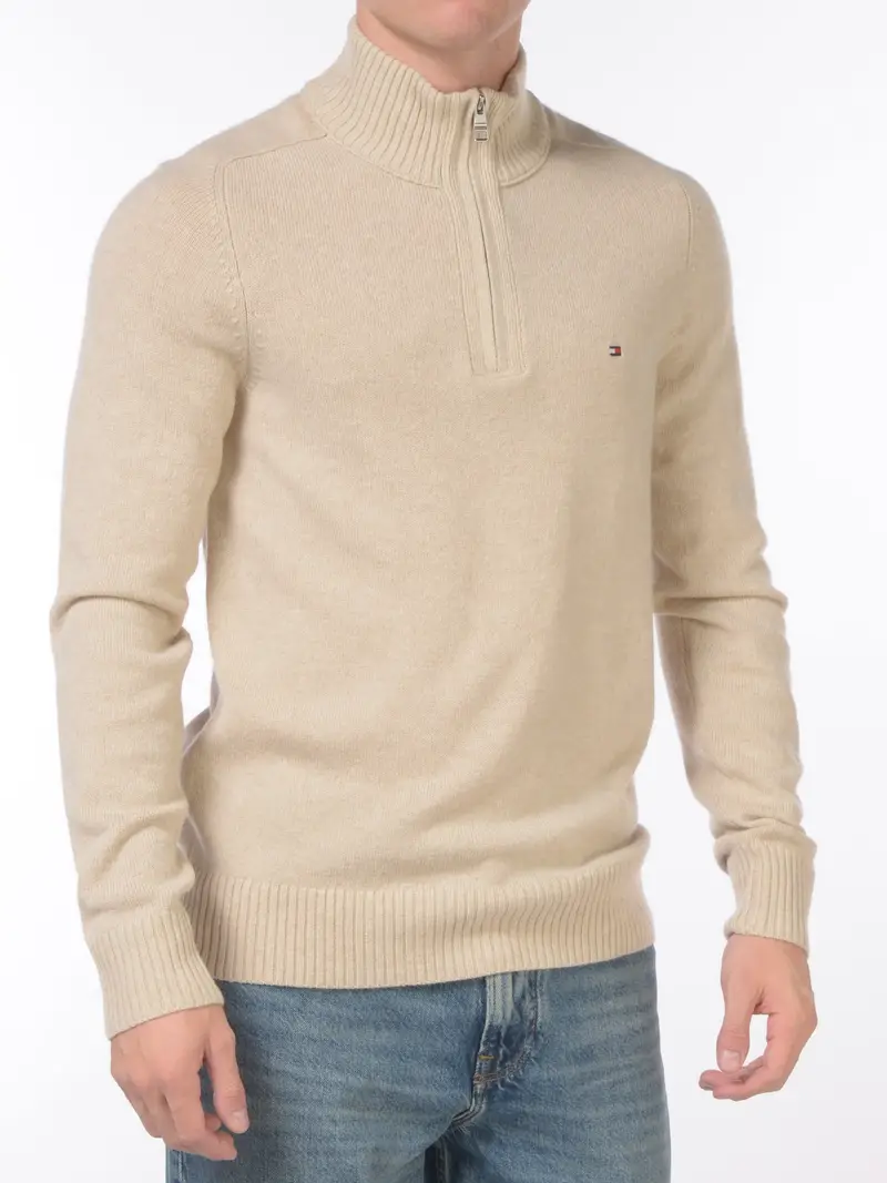 maglia da uomo Tommy Hilfiger mezza zip con logo BEIGE