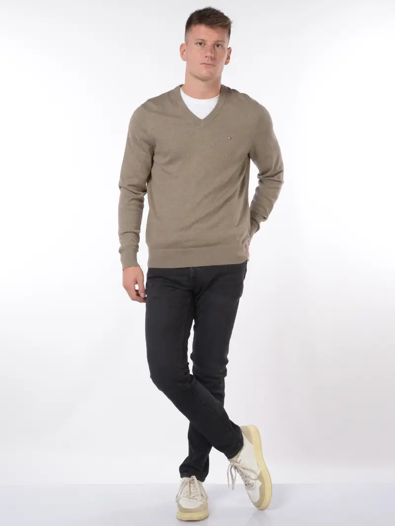 maglia da uomo Tommy Hilfiger scollo a V con logo BEIGE miniatura 2