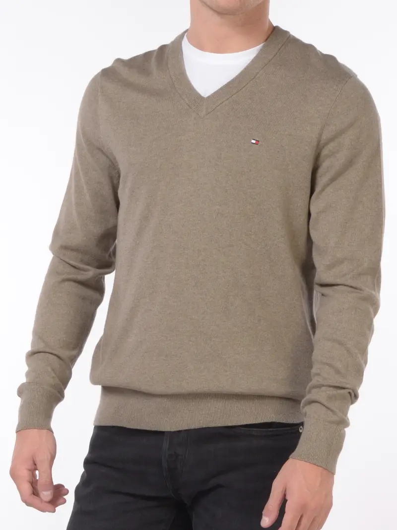 maglia da uomo Tommy Hilfiger scollo a V con logo BEIGE