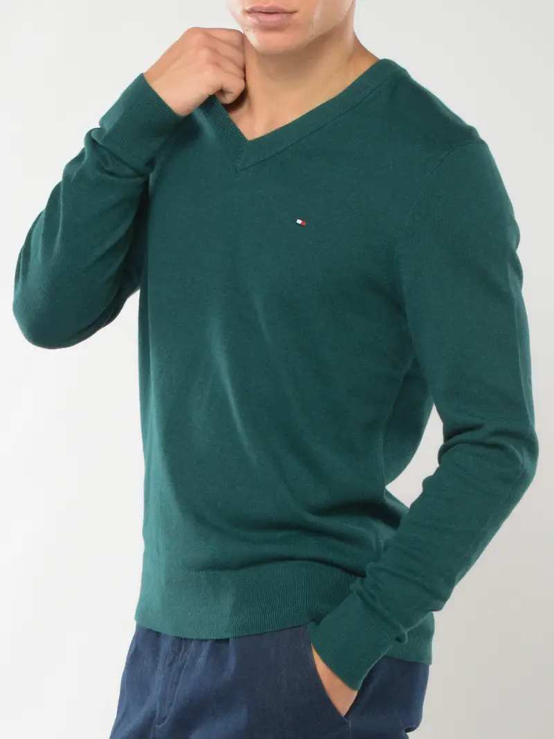 maglia da uomo Tommy Hilfiger scollo a V con logo Verde