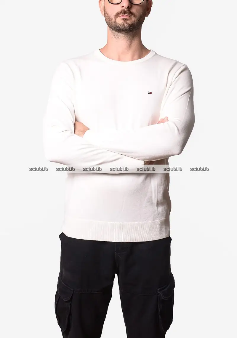 Maglia Tommy Hilfiger uomo bianco avorio in cotone pettinato