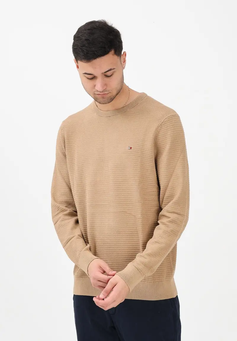 Maglioncino girocollo beige da uomo caratterizzato da lavorazione a maglia tramata miniatura 2