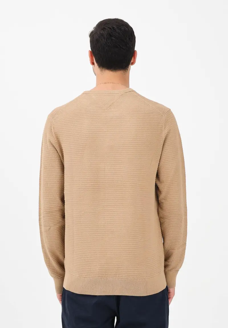 Maglioncino girocollo beige da uomo caratterizzato da lavorazione a maglia tramata miniatura 3