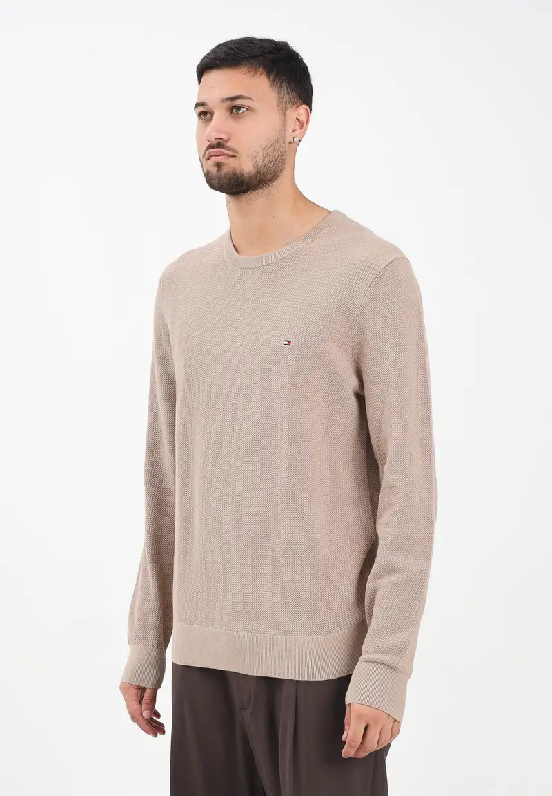 Maglioncino girocollo beige da uomo con ricamo bandierina