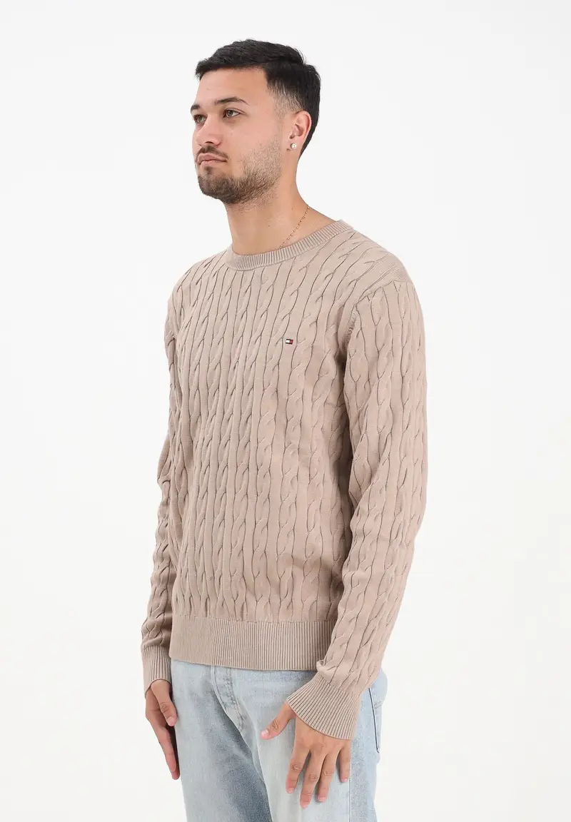 Maglioncino girocollo beige da uomo con ricamo bandierina