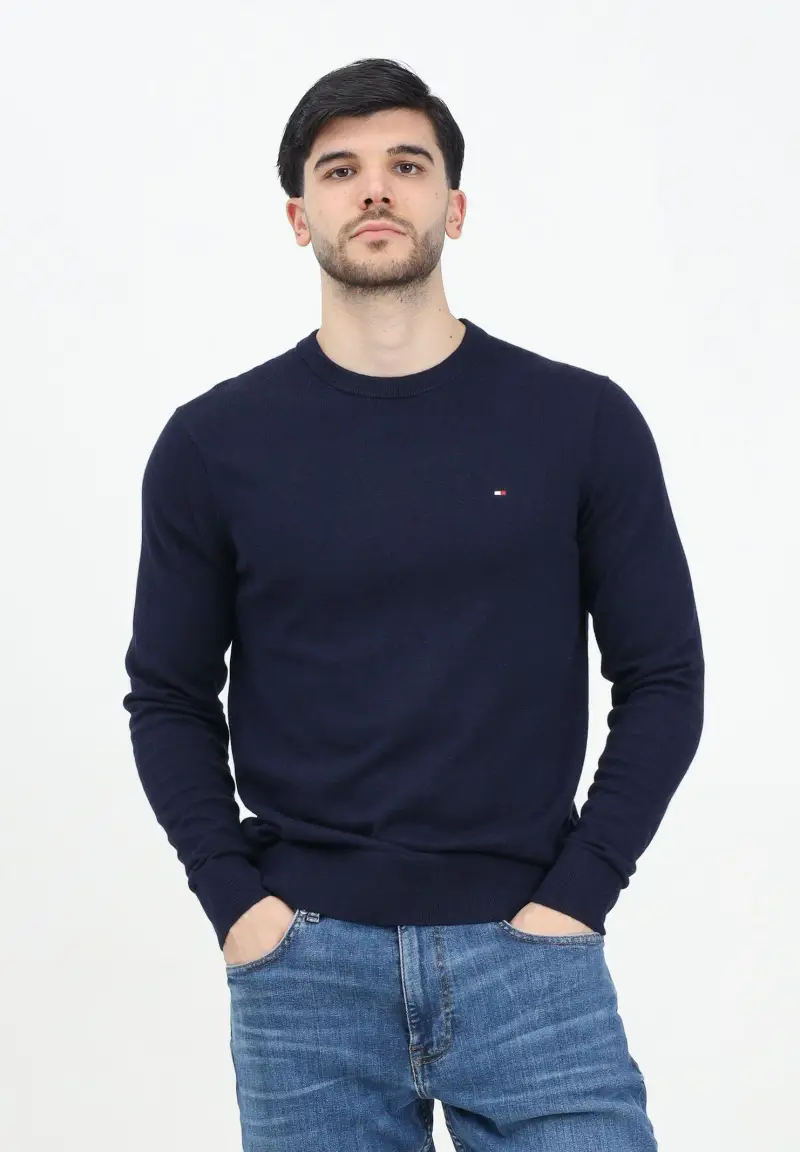 Maglioncino girocollo blu da uomo con logo miniatura 2