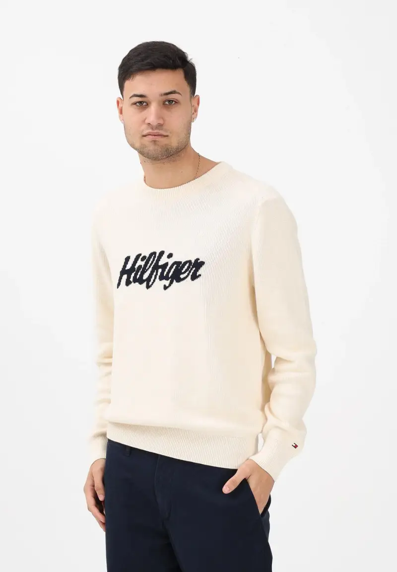 Maglioncino girocollo panna da uomo con logo miniatura 2