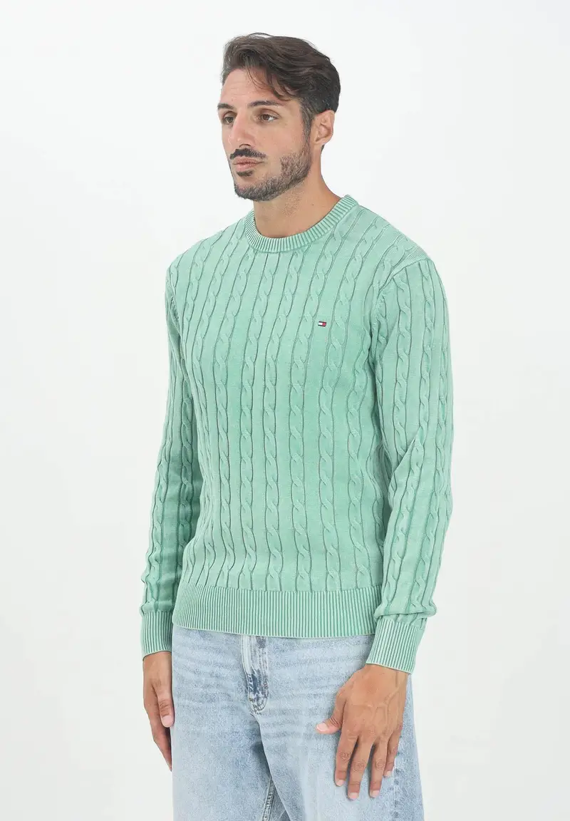 TOMMY HILFIGER Maglioncino girocollo verde da uomo in maglia intrecciata