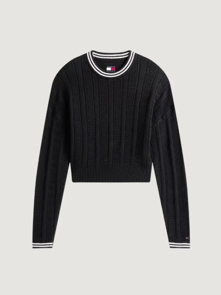 maglione nero girocollo con motivo maglia intrecciata