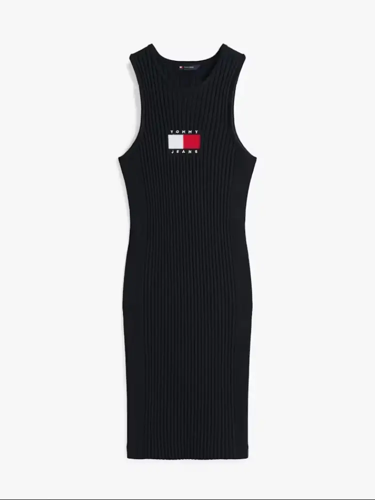 mini abito in viscosa nero senza maniche a coste