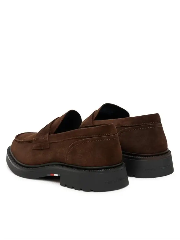 mocassino marrone uomo in camoscio mini logo sul retro miniatura 2