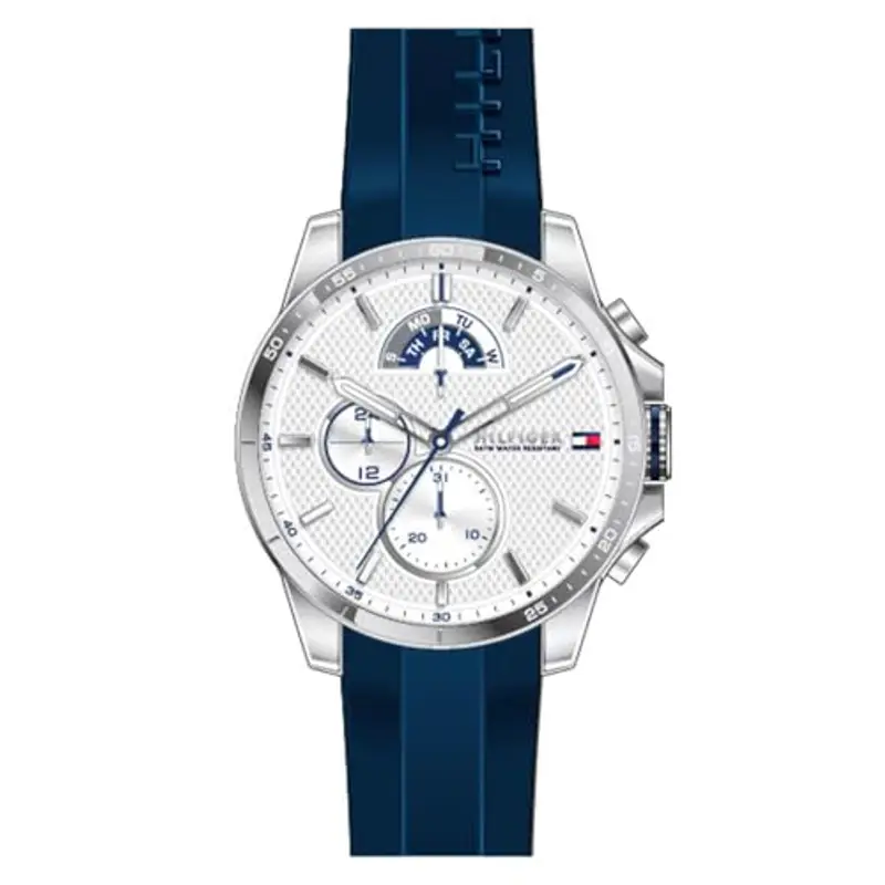 Tommy Hilfiger Orologio Analógico Multifunzionale al Quarzo per Uomo 48 mm - Quadrante Bianco, Cinturino in Silicone Blu, 3 Sottoquadranti, Resistente all'Acqua fino a 5ATM - 1791349