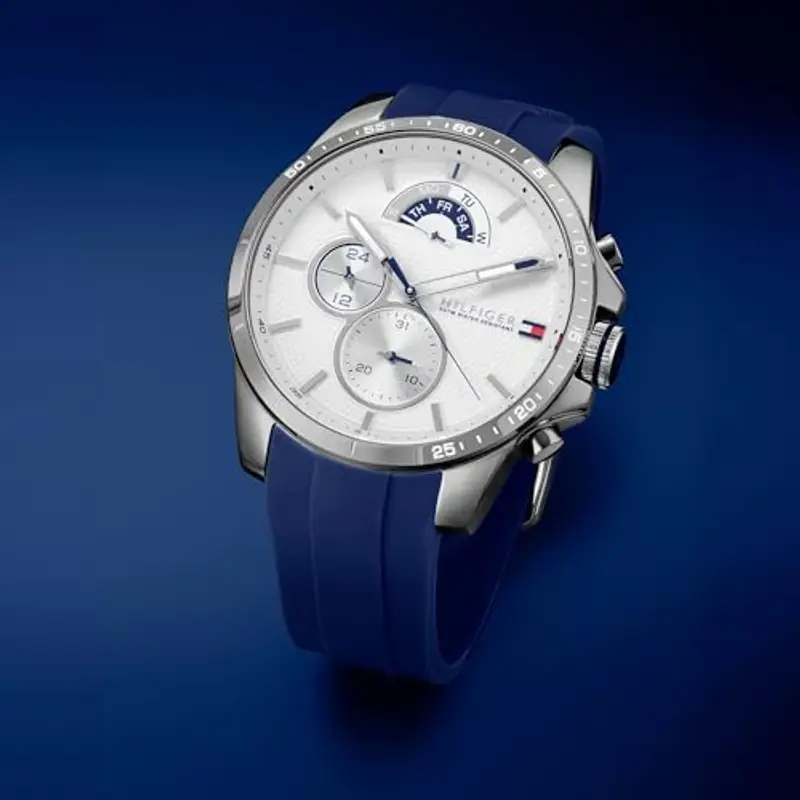 Tommy Hilfiger Orologio Analógico Multifunzionale al Quarzo per Uomo 48 mm - Quadrante Bianco, Cinturino in Silicone Blu, 3 Sottoquadranti, Resistente all'Acqua fino a 5ATM - 1791349 miniatura 2