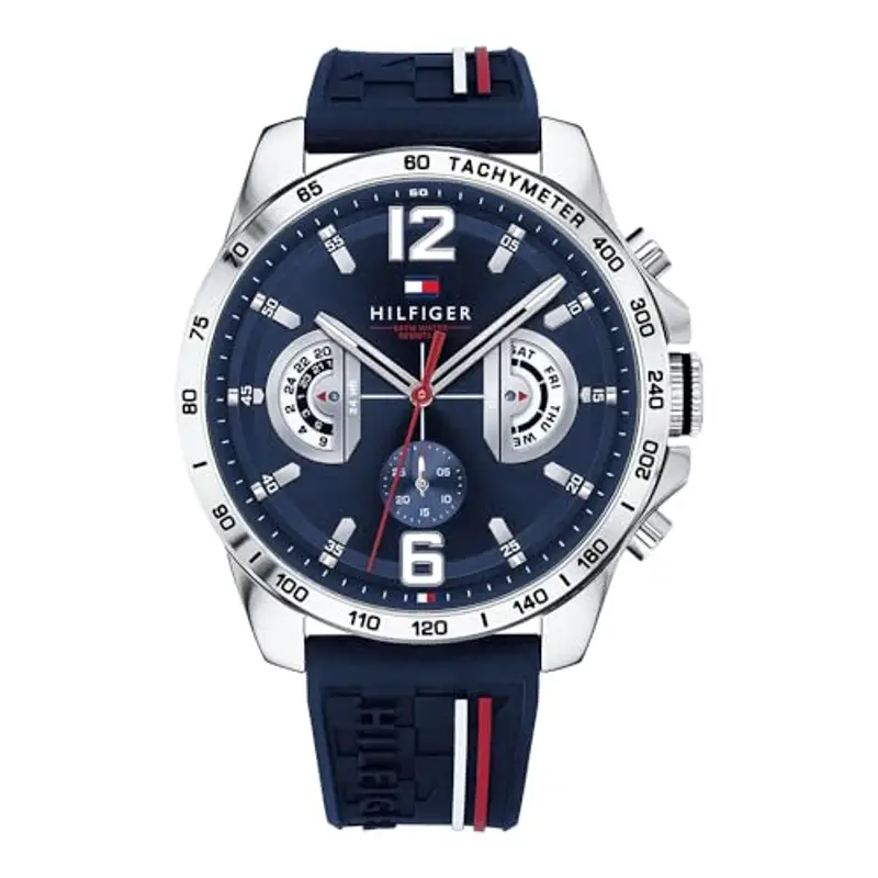 Tommy Hilfiger Orologio Analogico Multifunzionale al Quarzo da Uomo 46mm - Cinturino in Silicone e Quadrante Blu Navy, 3 Sottocadranti, Impermeabile 5ATM - 1791476