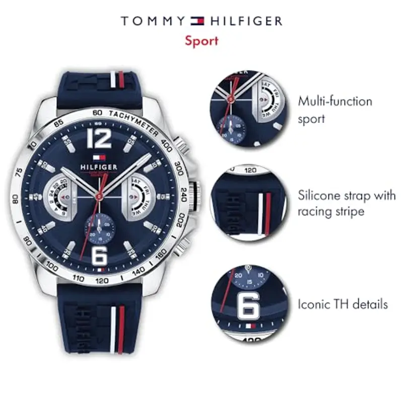 Tommy Hilfiger Orologio Analogico Multifunzionale al Quarzo da Uomo 46mm - Cinturino in Silicone e Quadrante Blu Navy, 3 Sottocadranti, Impermeabile 5ATM - 1791476 miniatura 2