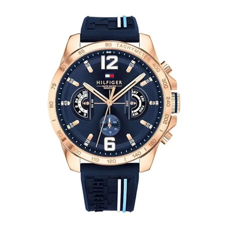 Tommy Hilfiger Orologio Analogico Multifunzionale al Quarzo per Uomo 46mm - Quadrante Blu Marino con Cinturino in Silicone, Funzioni Giorno, Data e 24 Ore, Resistente all'Acqua fino a 5ATM - 1791474