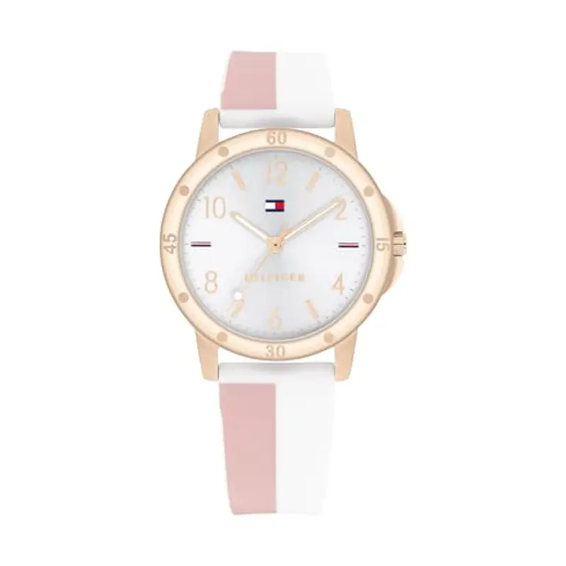 Tommy Hilfiger Orologio da Ragazza con Quadrante Argento, Cinturino in Silicone Bianco e Rosa, Cassa Oro Rosa 32mm, Movimento al Quarzo a 3 Lancette, Resistenza all’acqua di 3 ATM - 1720015
