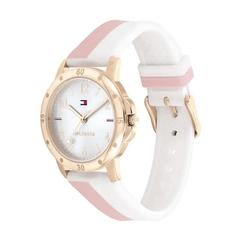 Tommy Hilfiger Orologio da Ragazza con Quadrante Argento, Cinturino in Silicone Bianco e Rosa, Cassa Oro Rosa 32mm, Movimento al Quarzo a 3 Lancette, Resistenza all’acqua di 3 ATM - 1720015 miniatura 2