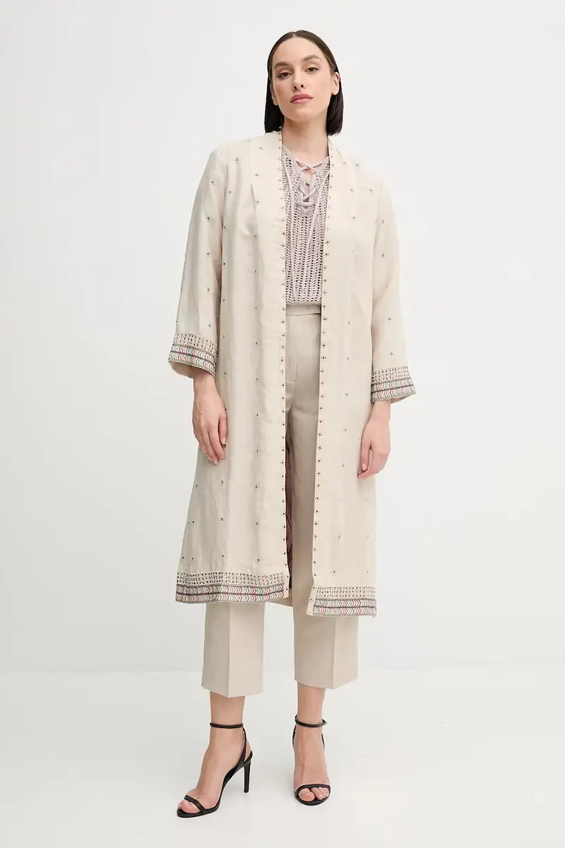 pantaloni in lino misto donna colore beige WW0WW45461 miniatura 2