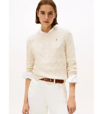 per donna WW0WW43586 Maglione lavorato a maglia a trecce in morbida lana beige (S), Casual Bianco