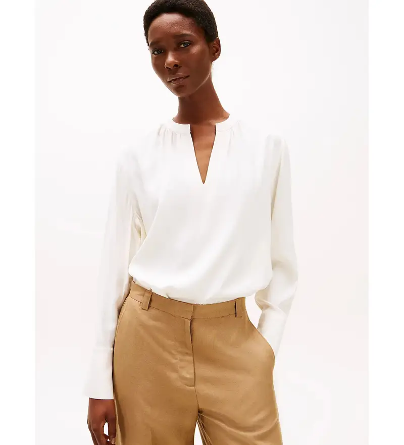 per donna WW0WW44049 Blusa ampia con scollo a V arricciato beige (34), Casual, Viscosa