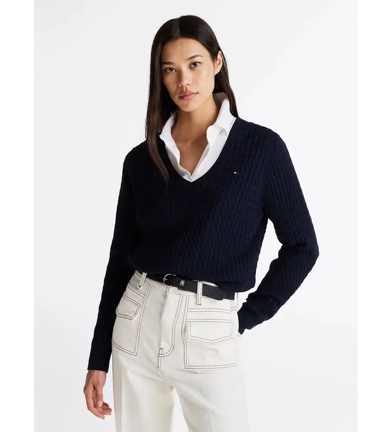 per donna WW0WW44987 Maglione lavorato a trecce con scollo a V blu scuro (M), Casual, Cotone, Navy