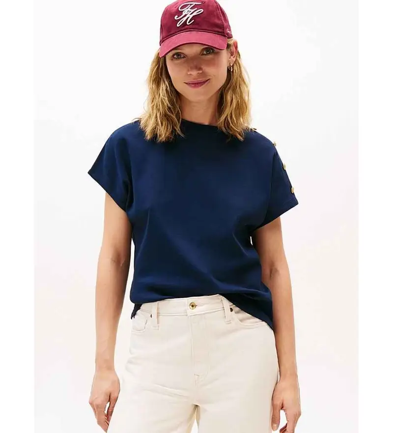 per donna WW0WW47455 Camicia blu navy con bottoni dorati sulla spalla (M), Casual, Cotone, Manica corta