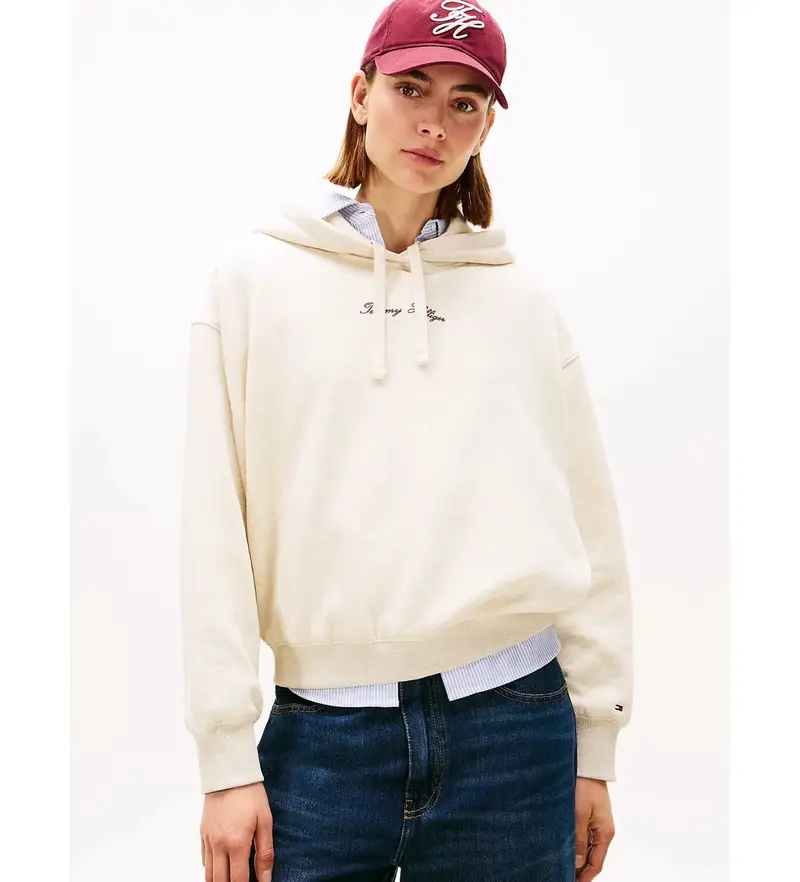 per donna WW0WW47459 Felpa con cappuccio con logo testurizzato beige (L), Casual, Cotone