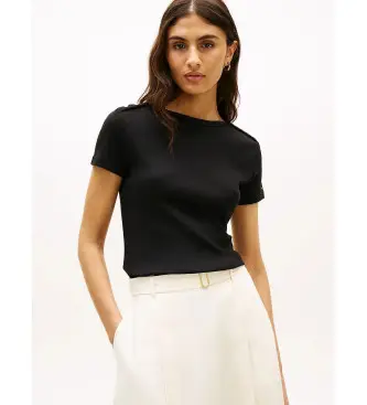 per donna WW0WW49250 T-shirt slim fit con scollo a barca e bottoni, nera (L), Nero, Casual, Cotone, Manica corta