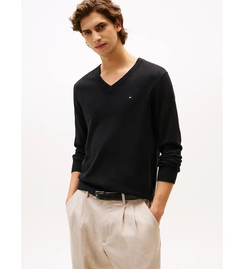 per uomo. MW0MW28047 Maglione nero in cashmere con scollo a V (S), Casual, Cotone