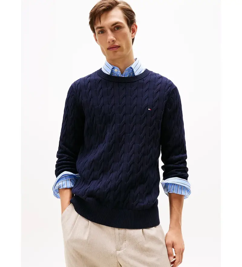 Tommy Hilfiger Maglia Uomo Lavorata a Maglia a Trecce Blu Navy in