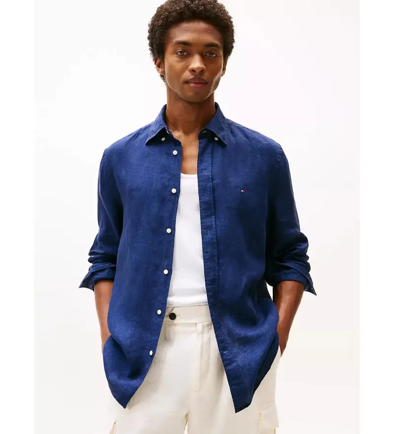 per uomo MW0MW34602 Camicia in lino blu navy vestibilità regolare (L), Casual, Manica lunga