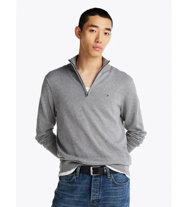 per uomo MW0MW37331 Maglia grigia con mezza zip e logo ricamato (S), Casual, Grigio, Cotone