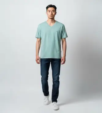 per uomo MW0MW39249 T-shirt con scollo a V e logo turchese ricamato (L), Casual, Cotone, Manica corta