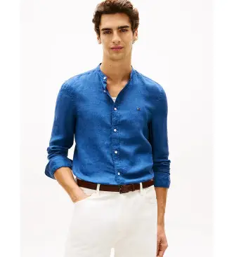 per uomo MW0MW39271 Camicia slim fit in lino blu (L), Casual, Da sera, Classico, Manica lunga