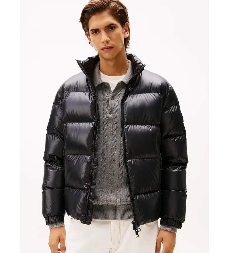 per uomo. MW0MW40617 Giacca imbottita nera lucida (S), Nero, Casual, Polister riciclato, Sostenibile