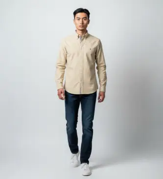 per uomo MW0MW42455 Camicia casual beige (L), Cotone, Classico, Manica lunga