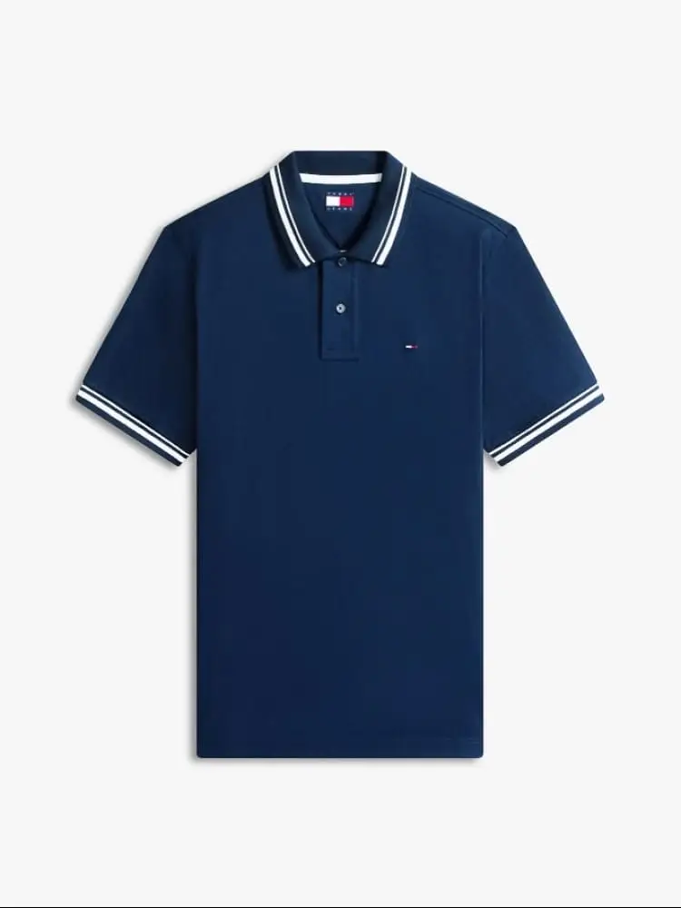 polo uomo in cotone blu con righe a contrasto