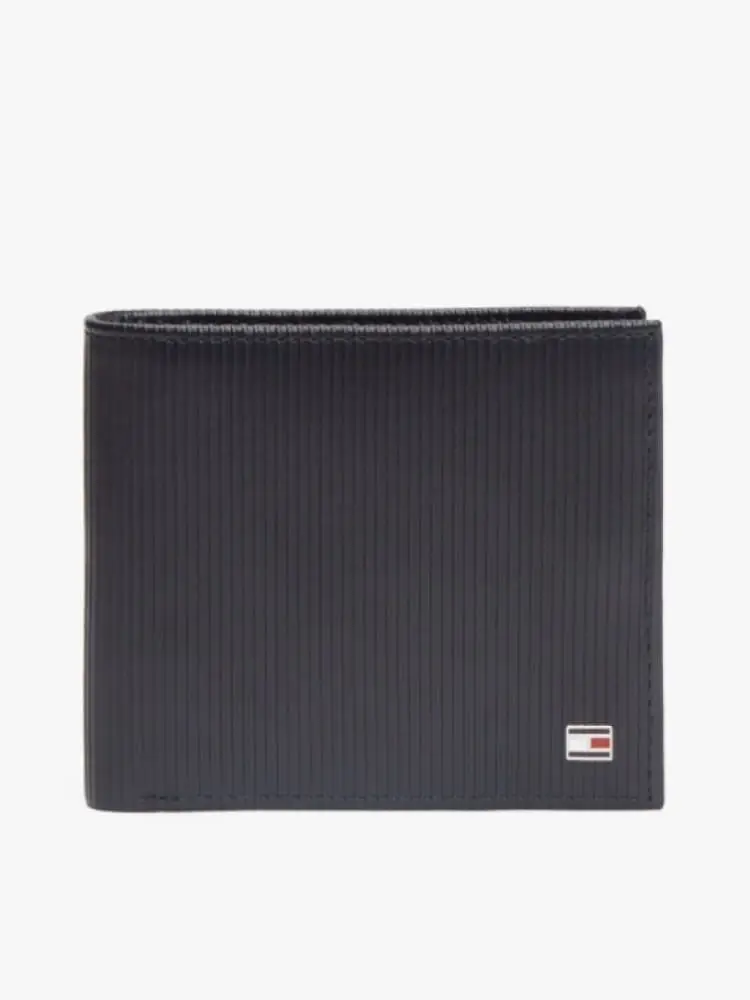 portafoglio in pelle blu a coste con logo bandiera in metallo