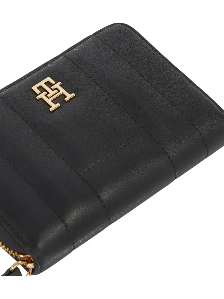 portafoglio nero donna in ecopelle logo sul davanti in metallo oro miniatura 3