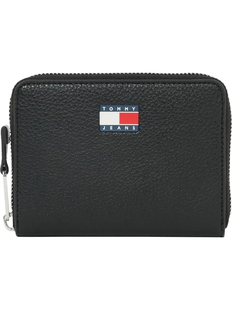 portafoglio piccolo zip around in ecopelle nera con logo badge