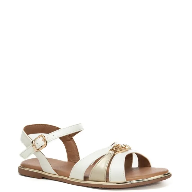 sandali bassi da bambina in pelle con logo monogram in metallo dorato sul davanti bianco platino miniatura 2