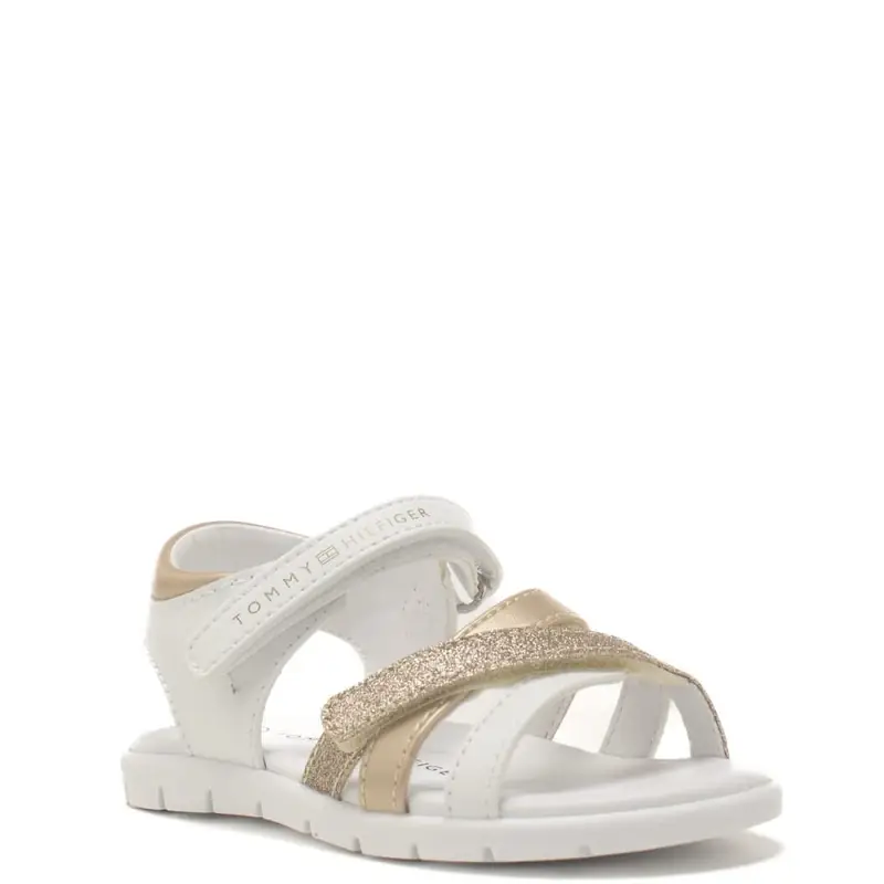sandali da bambina con fascette anteriori intrecciate bianche e oro miniatura 2