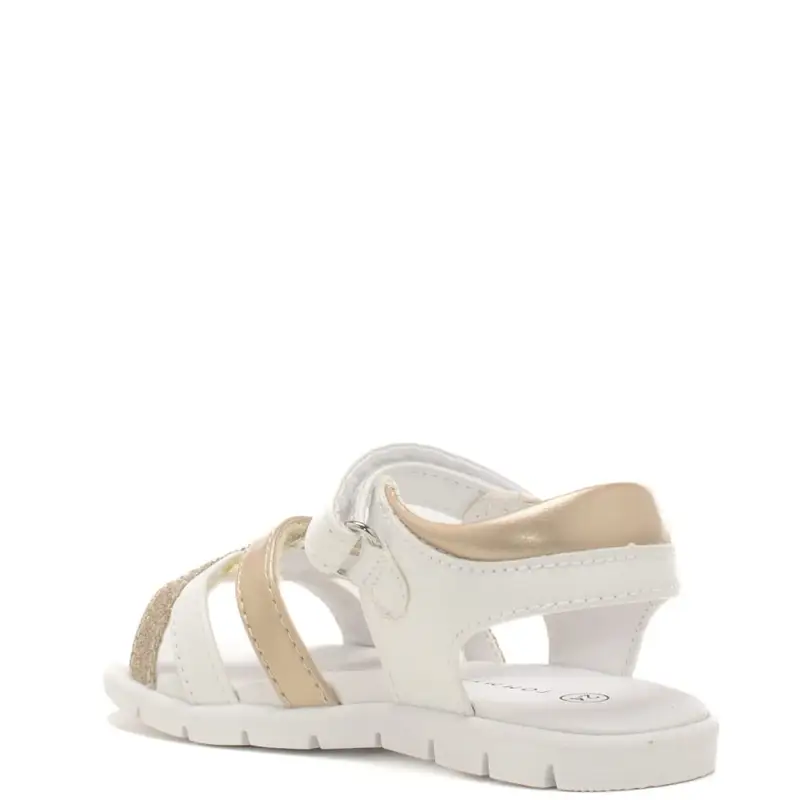 sandali da bambina con fascette anteriori intrecciate bianche e oro miniatura 3