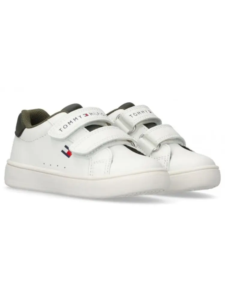 scarpe bianche bambino in pelle con dettagli verde militare logo sul lato miniatura 2