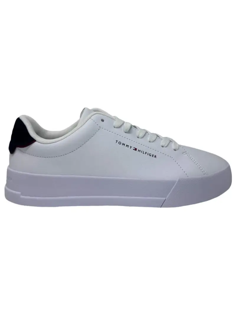 Tommy Hilfiger scarpe bianche uomo in ecopelle logo sul lato retro blu navy